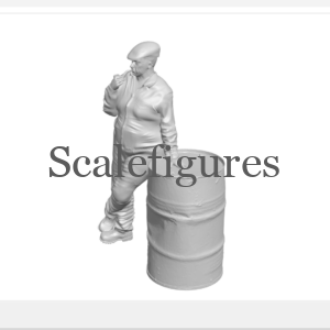F115 - Man leaning on 55gal drum, smoking pipe.