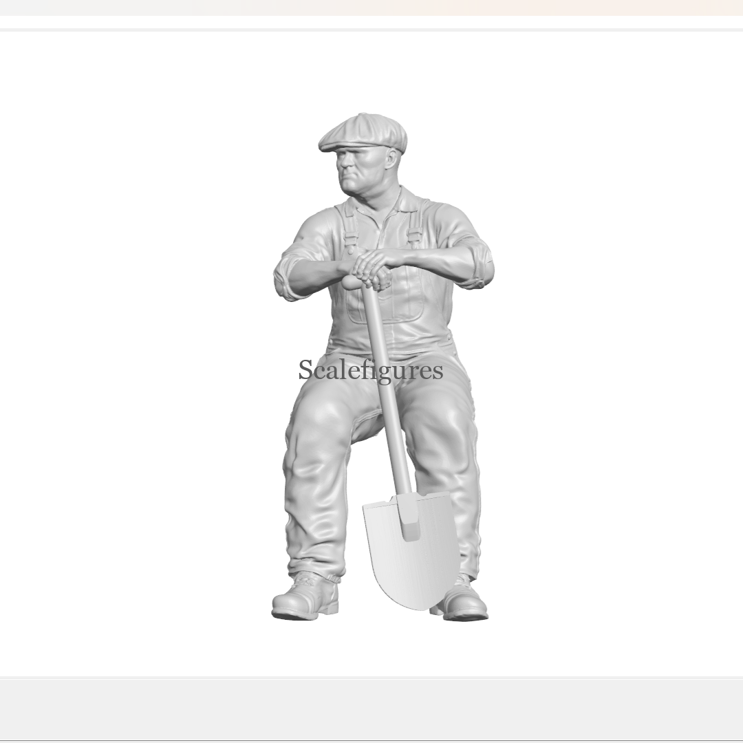F155 - Worker wearing dungarees, sitting, resting arms on shovel.