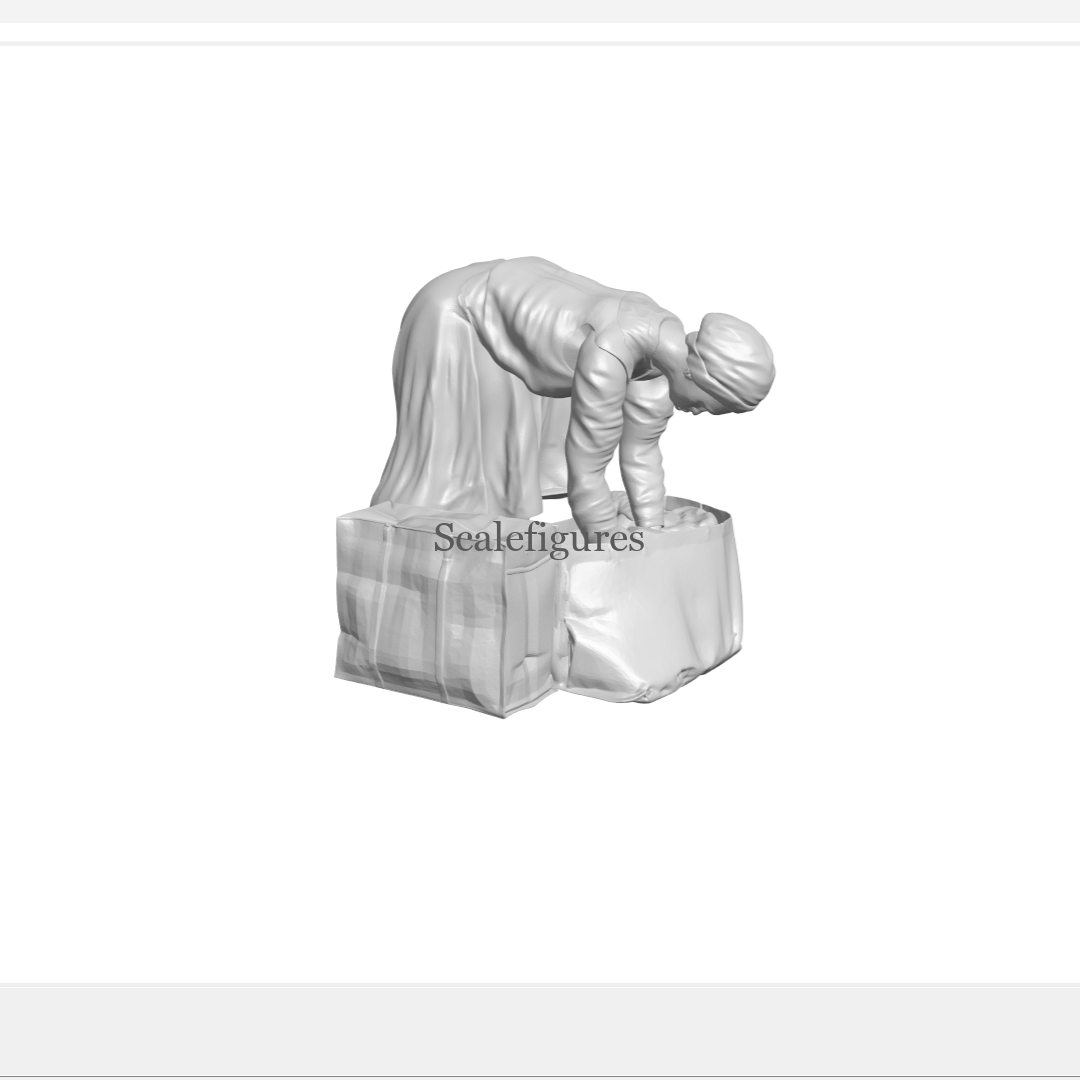 F161 - Woman bending over, scratching in bag.