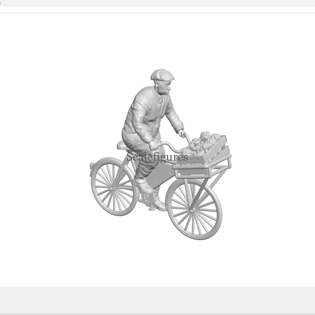 F150(b) - Delivery man on bicycle, with broccoli/cauliflower in carrier.
