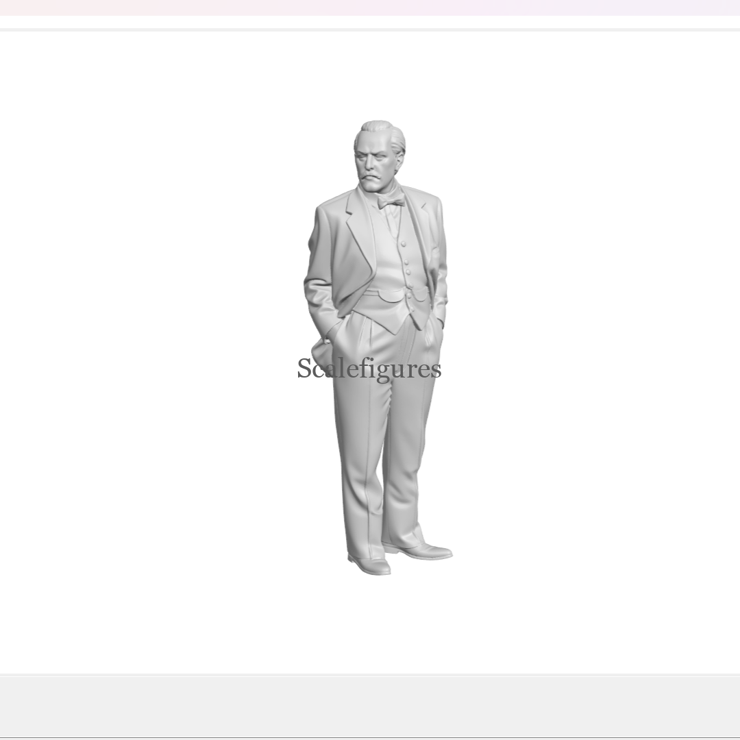 F208 - Man in business suit, standing with hands in pockets.