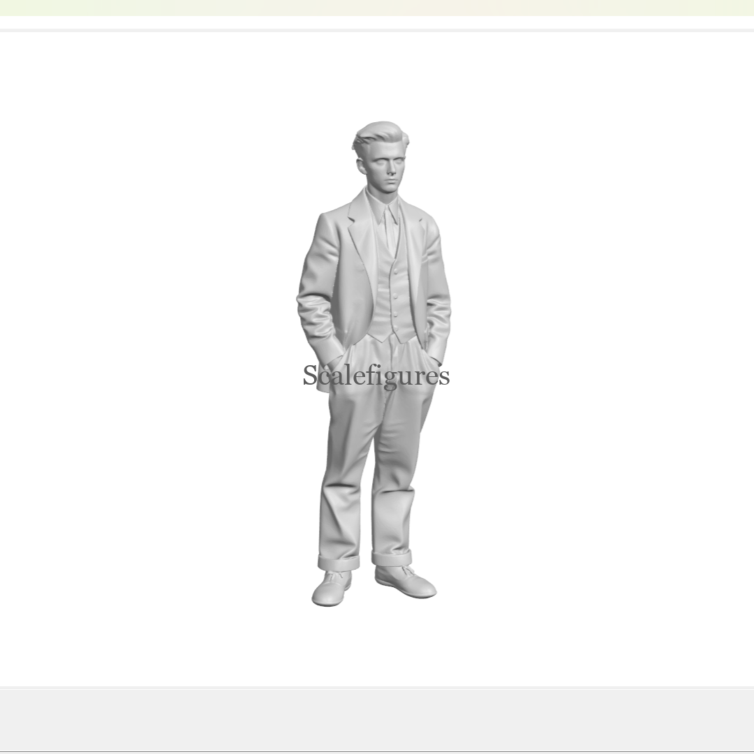 F213 - Young man, wearing suit, with hands in pockets.